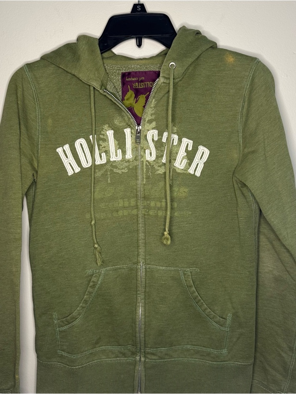 Y2K Hollister Womens S Olive Green Full Zip Hoodie Embroidered Spellout Distress